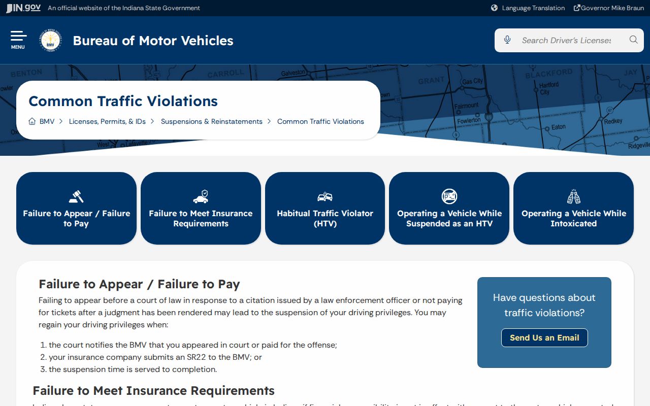 Indiana BMV official failure-to-appear and payment information