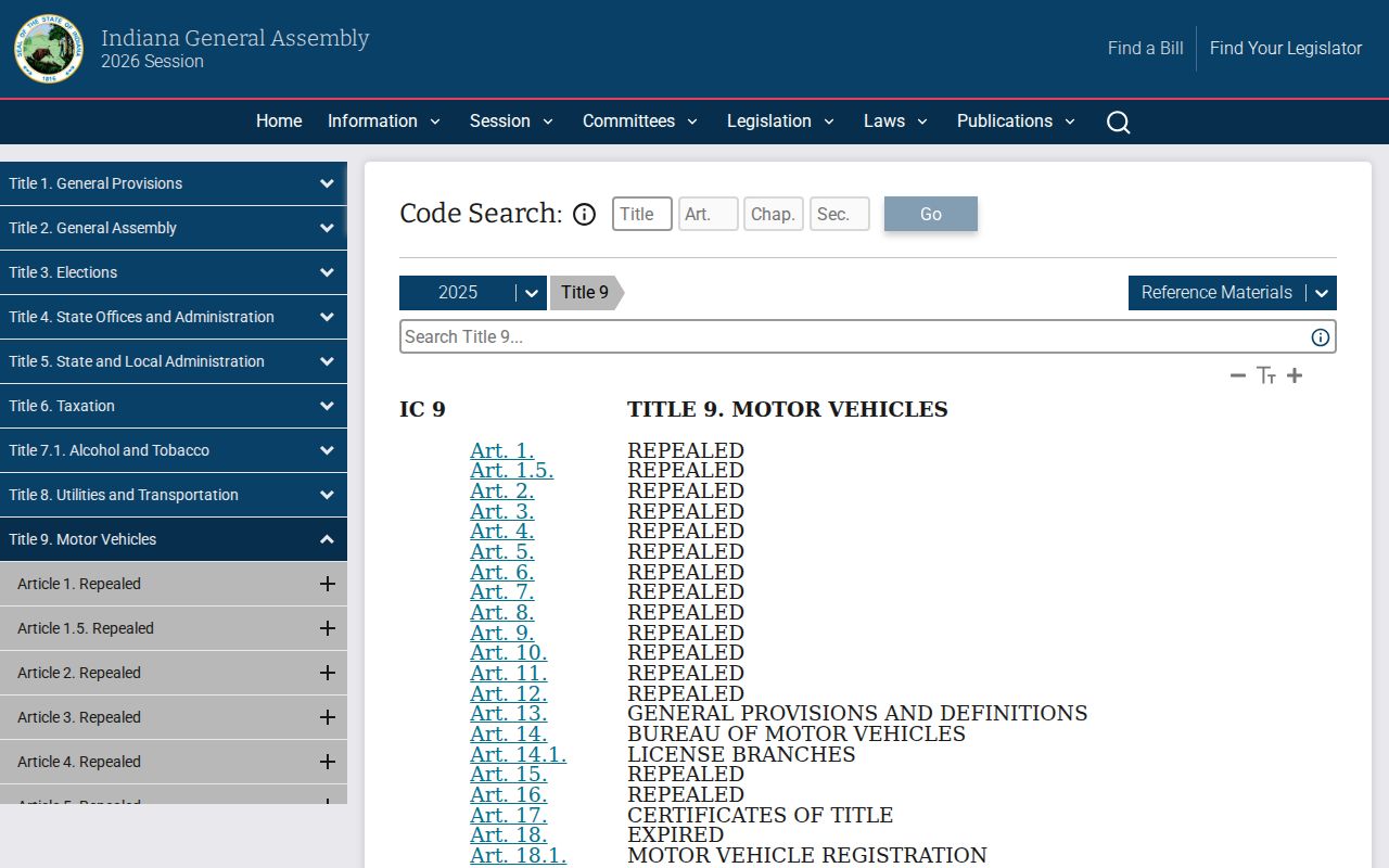 Official Indiana Code Title 9 traffic law page